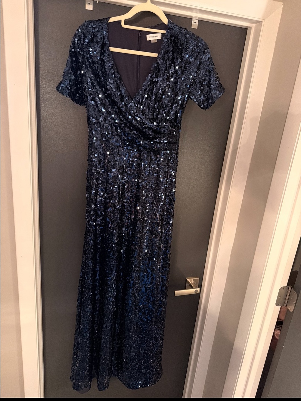 Calvin Klein Navy Blue Sequin Wrap Maxi Dress